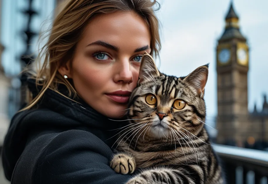 แมวอเมริกันช็อตแฮร์กับหอนาฬิกาบิ๊กเบน - ความงดงามของแมวและสถานที่สำคัญในลอนดอน