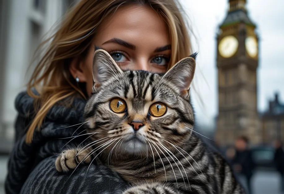 ภาพแมวอเมริกันช็อตแฮร์และบิ๊กเบน - สุนทรียภาพของสัตว์เลี้ยงกับแลนด์มาร์คที่โดดเด่น