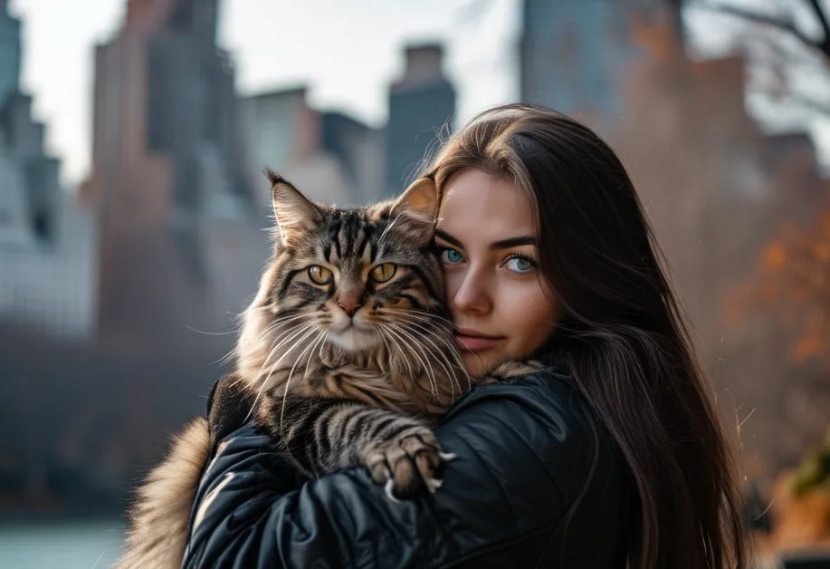 ภาพแมวไซบีเรียนที่กำลังมองออกไปยังสวนกว้างไกล ด้วยท่าทีที่ดูสงบและน่ารัก ขนหนาฟูเป็นประกายกลางแดด