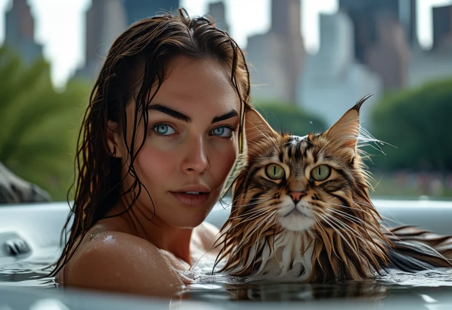 ภาพโคลสอัพของแมวไซบีเรียน ขนหนาเงางามและดวงตาสีเขียวสะท้อนแสงในยามบ่ายที่สวนสาธารณะ