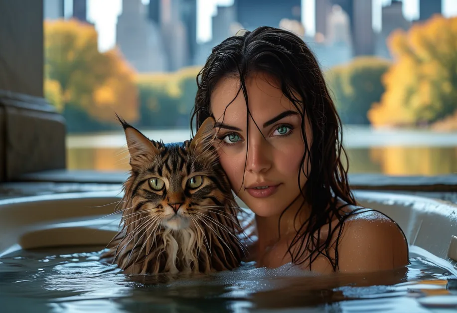 แมวไซบีเรียนตัวน้อยกำลังเพลิดเพลินกับการสำรวจในสวนสาธารณะ ดูมีความสุขและสนุกสนานกับสภาพแวดล้อมรอบตัว