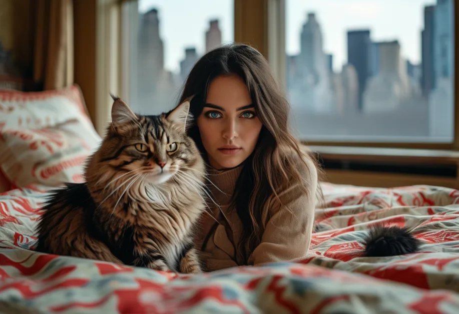 แมวไซบีเรียนสีเทานุ่มนิ่ม กำลังนอนเอนตัวบนสนามหญ้าในสวน พร้อมท่าทีที่ดูสบายใจและผ่อนคลาย