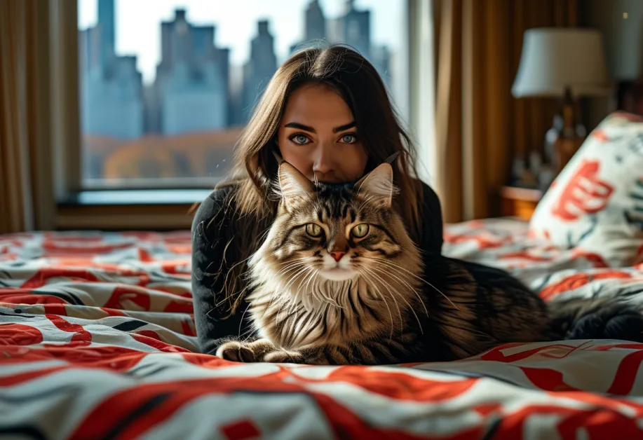 แมวไซบีเรียนขนฟูสีเทาเข้มกำลังเดินเล่นท่ามกลางธรรมชาติในสวน พร้อมสีหน้าที่ดูกระฉับกระเฉงและมีชีวิตชีวา