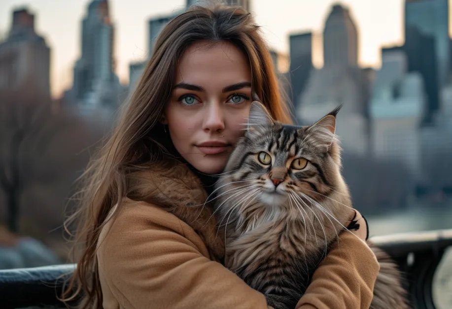 ภาพแมวไซบีเรียนสุดน่ารักกำลังนั่งผ่อนคลายในสวนสาธารณะ รายล้อมด้วยบรรยากาศสีเขียวที่เต็มไปด้วยความสงบ