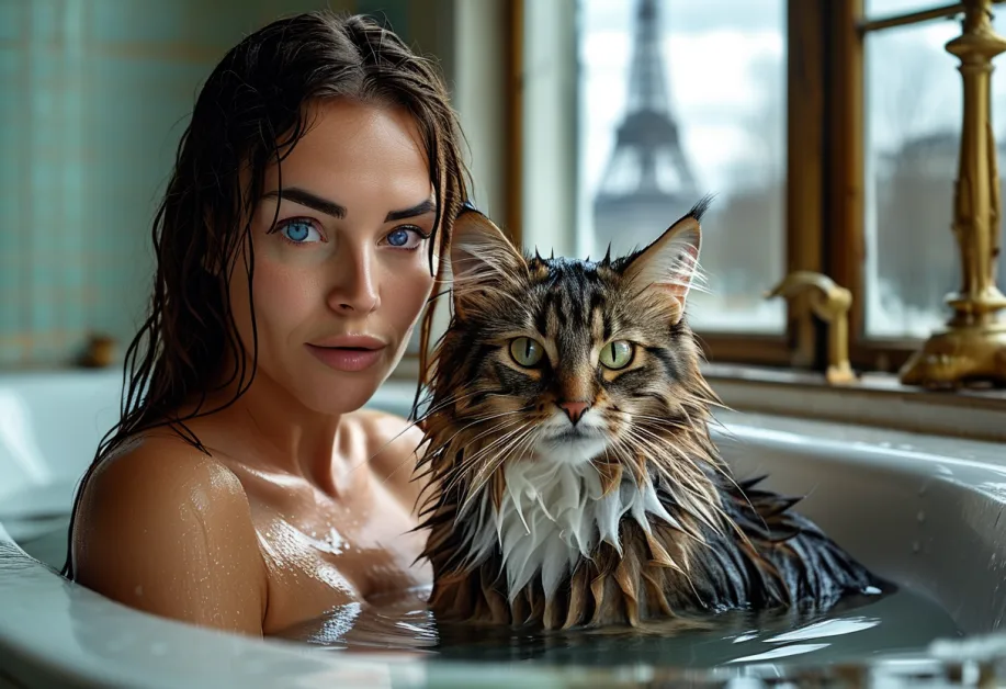 แมวนอร์วีเจียนฟอเรสต์กับทัศนียภาพของหอไอเฟล - น้องแมวขนหนาและสง่างามในฉากโรแมนติกของปารีส