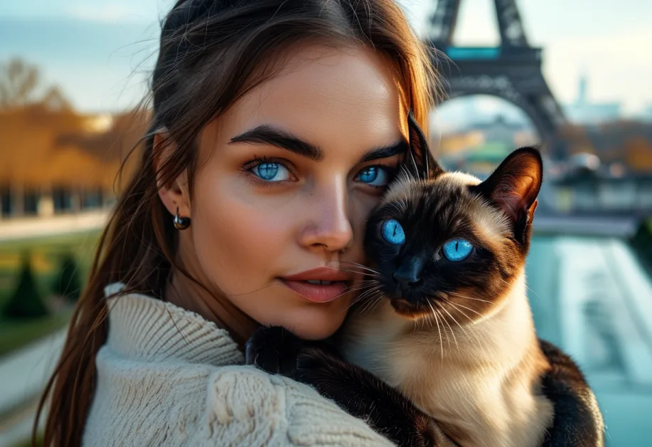 มุมมองอันน่ารักของแมววิเชียรมาศขณะยืนใกล้หอไอเฟล เสริมสร้างอารมณ์แห่งความสนุกและน่ารัก