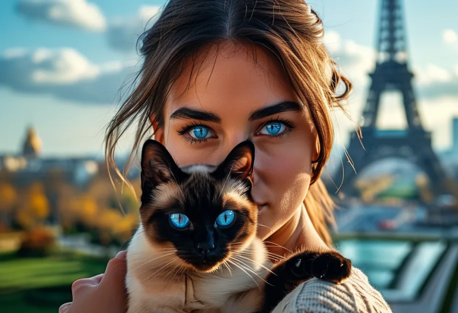 สายตาอันเฉียบแหลมของแมววิเชียรมาศคู่กับหอไอเฟลในบรรยากาศยามเย็น เพิ่มเสน่ห์ที่หรูหราและน่าทึ่ง