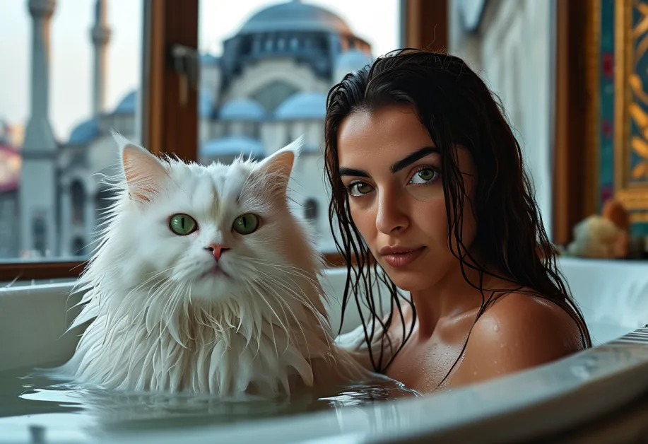 ภาพมุมข้างของแมวเปอร์เซีย Hagia Sophia นั่งด้วยท่าทางสง่างาม ขนยาวสวยดูแลอย่างประณีต เสริมบุคลิกน่ารักของมัน