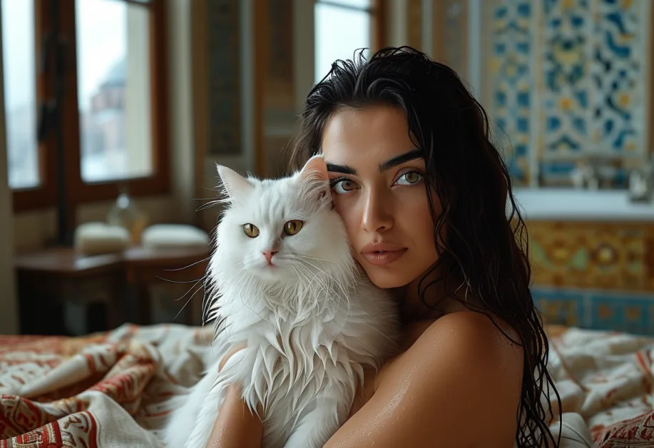 แมวเปอร์เซีย Hagia Sophia โพสต์ท่าบนพื้นไม้ขัดเงา แสดงให้เห็นถึงขนที่ดูแลอย่างดีและสุขภาพที่แข็งแรง