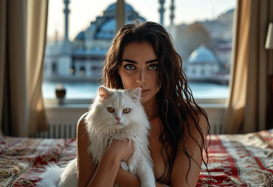 ภาพระยะใกล้ของแมวเปอร์เซีย Hagia Sophia แสดงความน่ารักของดวงตากลมโตและขนฟูฟ่องที่เป็นเอกลักษณ์เฉพาะตั
