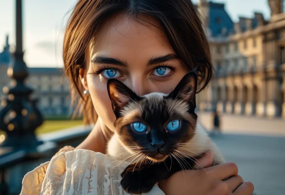 แมววิเชียรมาศในมุมมองสุดคลาสสิคหน้าอาคารลูฟวร์ แสดงให้เห็นถึงความสง่างามของแมวไทยในสภาพแวดล้อมอันน่าทึ่งในปารีส