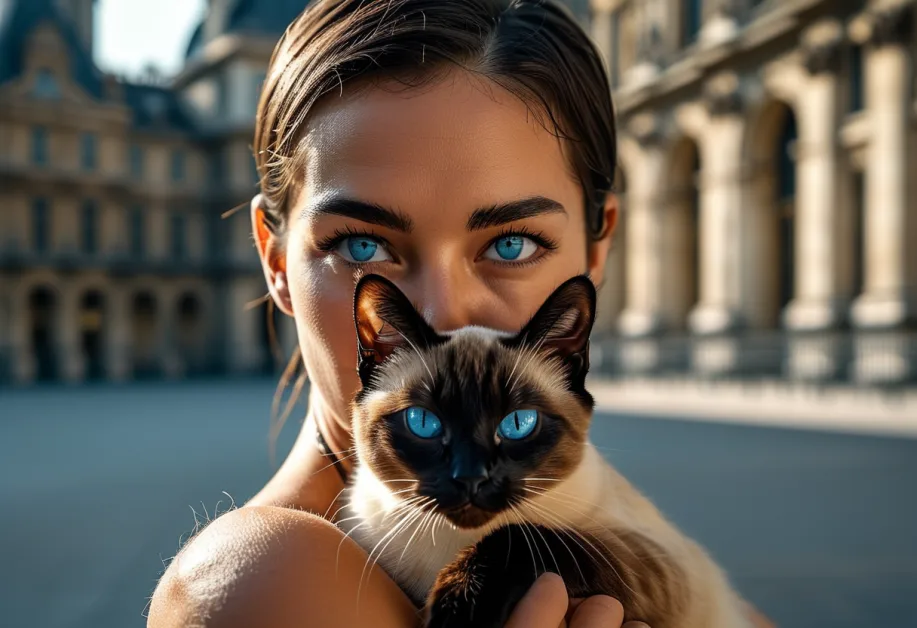 รูปแมววิเชียรมาศนั่งสง่างามหน้าพิพิธภัณฑ์ลูฟวร์ในฝรั่งเศส สะท้อนความงามของแมวพันธุ์ไทยที่เป็นเอกลักษณ์ท่ามกลางบรรยากาศแห่งศิลปะและวัฒนธรรมโลก