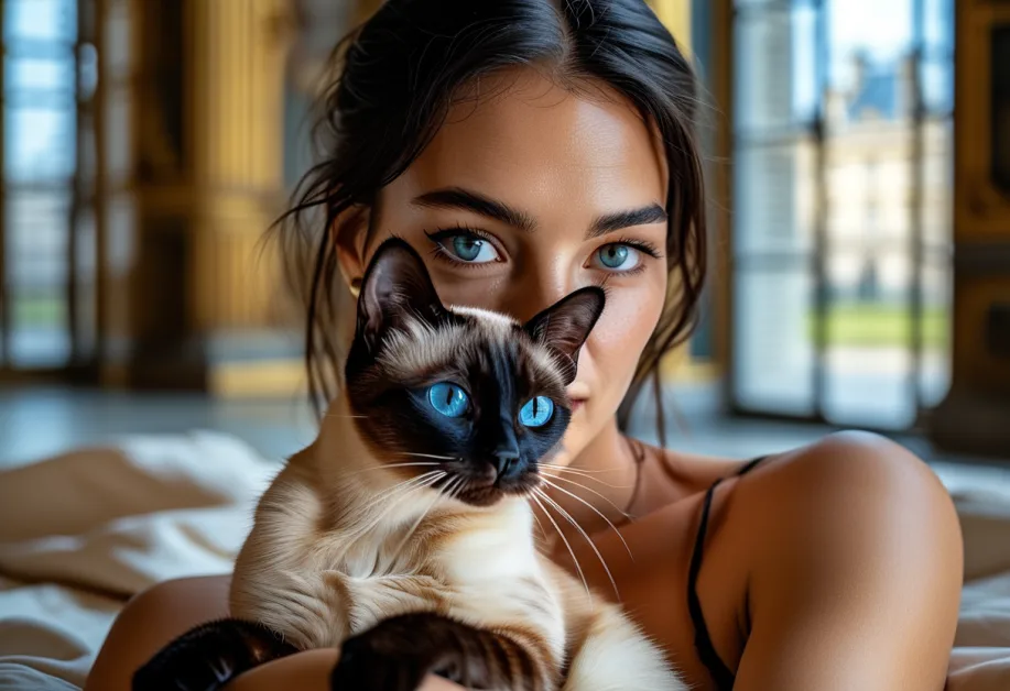 แมววิเชียรมาศเดินชิลล์หน้าอาคารลูฟวร์ในปารีส สีขนที่โดดเด่นของแมวตัดกับสถาปัตยกรรมสุดคลาสสิค นำเสนอภาพความสง่างามและความน่ารักในสไตล์ฝรั่งเศส