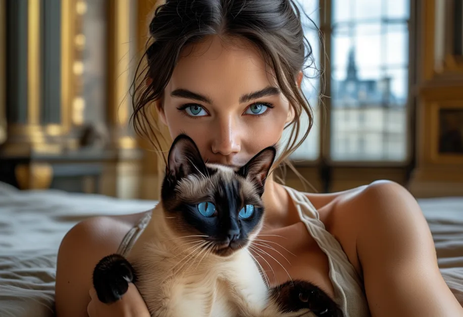 แมววิเชียรมาศอยู่ใกล้กับปิรามิดลูฟวร์ในท่าทางผ่อนคลาย สื่อถึงความน่ารักและความงามของแมวที่ผสมผสานกับสถานที่สำคัญในโลกศิลปะ