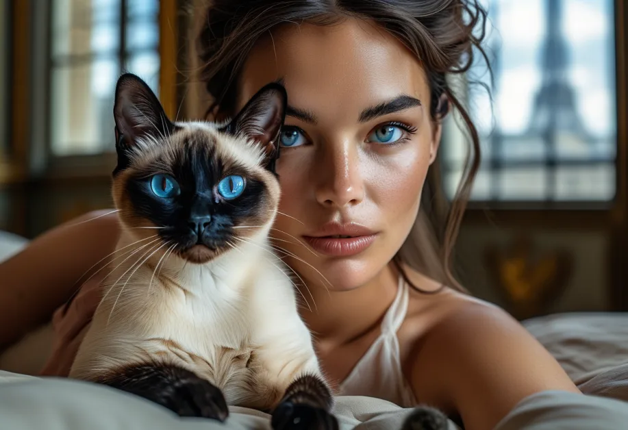 แมววิเชียรมาศเดินผ่านอาคารลูฟวร์ด้วยท่วงท่าที่เป็นเอกลักษณ์ ภาพที่สะท้อนถึงความเป็นมิตรและความลึกลับของแมวพันธุ์ไทย