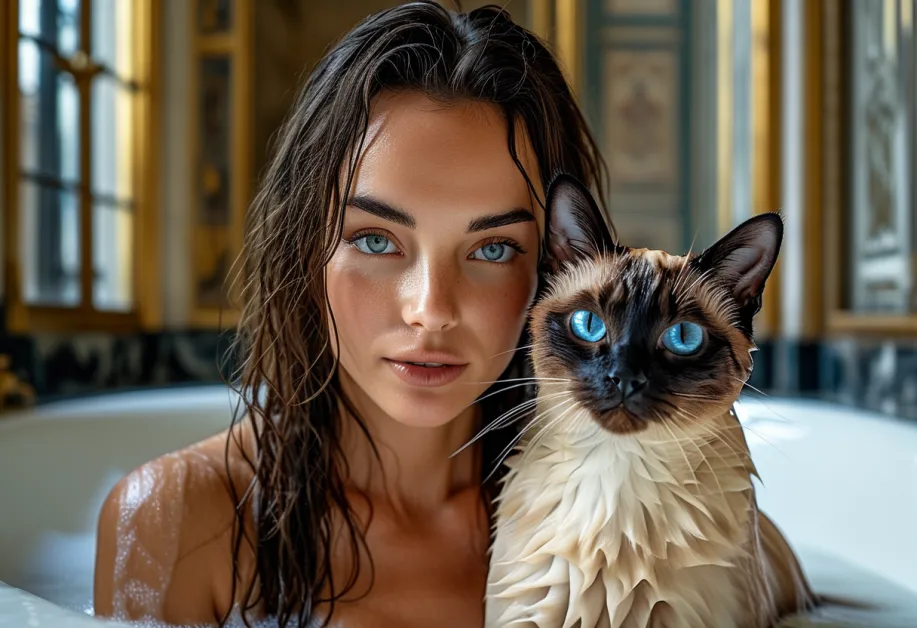 แมววิเชียรมาศคู่หูที่กำลังมองวิวจากพิพิธภัณฑ์ลูฟวร์ สื่อถึงความสง่างามของแมวไทยในบรรยากาศยุโรปที่มีสไตล์และความลึกลับ