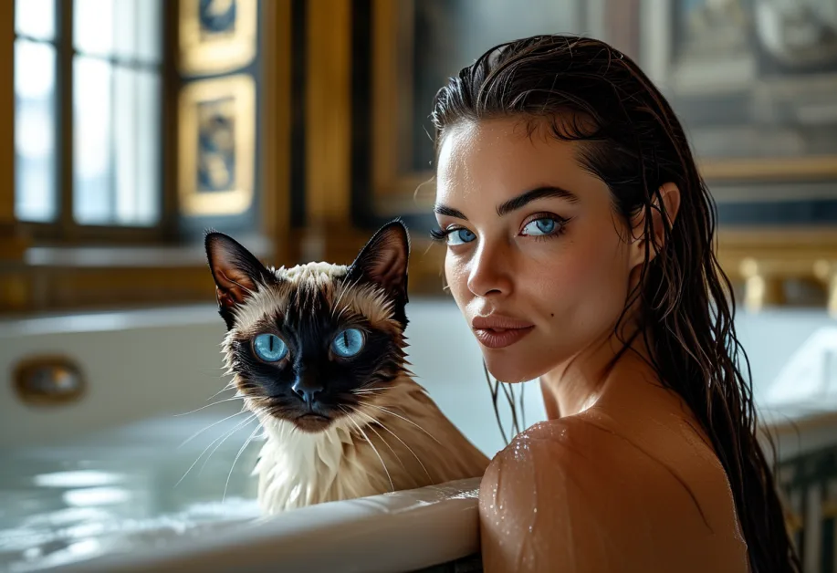 แมววิเชียรมาศเดินอยู่หน้าลูฟวร์กับแสงเงาที่งดงามจากตึก สร้างความรู้สึกผสมผสานระหว่างวัฒนธรรมไทยและฝรั่งเศสในภาพเดียว