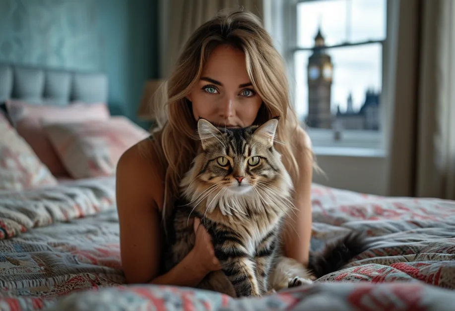 "แมวนอร์เวย์ฟอเรสต์สีเทานั่งอยู่บนต้นไม้ พร้อมขนฟูนุ่มที่เงางามและหางที่หนา เป็นสายพันธุ์ที่ปรับตัวได้ดีกับสภาพอากาศหนาว เหมาะสำหรับคนรักแมวพันธุ์พิเศษ"