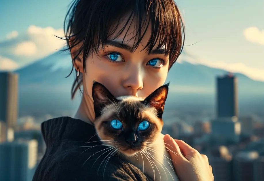 แมววิเชียรมาศตัวเล็กที่ภูเขาไฟฟูจิในยามพระอาทิตย์ตก – ภาพที่เต็มไปด้วยความอบอุ่นและความงดงาม