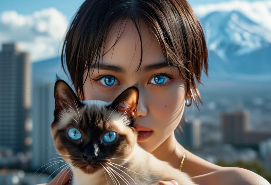 แมววิเชียรมาศกับวิวภูเขาไฟฟูจิในยามเช้า – การจับคู่ที่ลงตัวระหว่างธรรมชาติอันสงบและความงดงามของแมววิเชียรมาศ