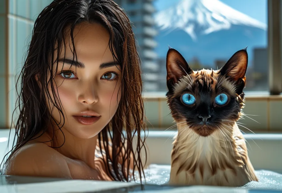 แมววิเชียรมาศเดินเลียบสนามหญ้าที่ภูเขาไฟฟูจิ – การผจญภัยของแมวที่แฝงไปด้วยความอยากรู้อยากเห็นและความสุขุม