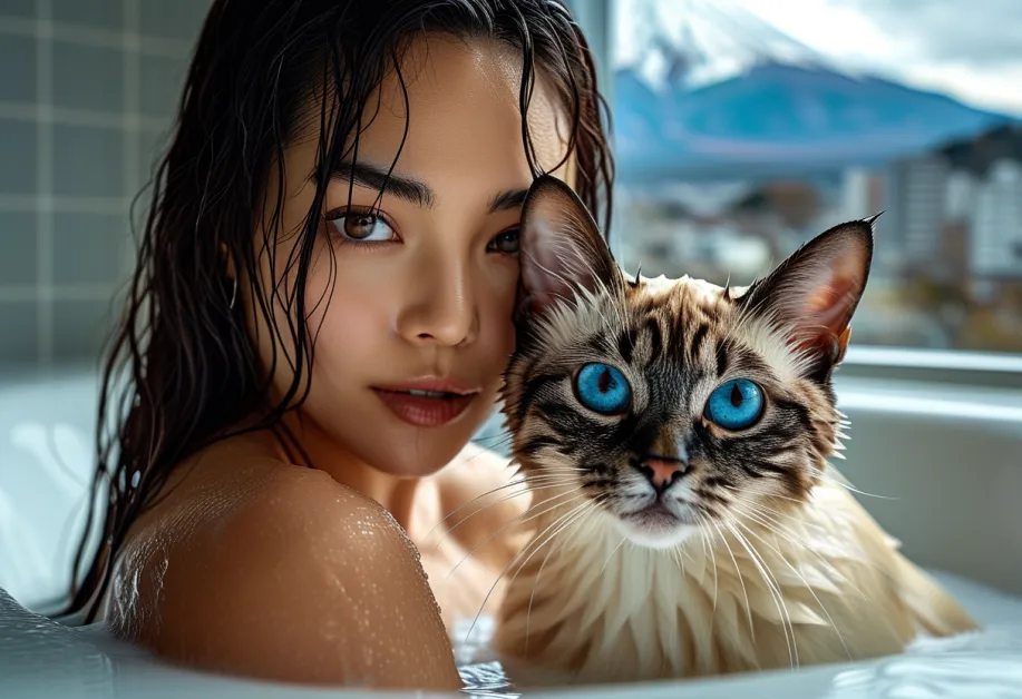 แมววิเชียรมาศและความงามของภูเขาไฟฟูจิ – ภาพที่เน้นเสน่ห์ของธรรมชาติและการพักผ่อนของแมวขี้เล่น