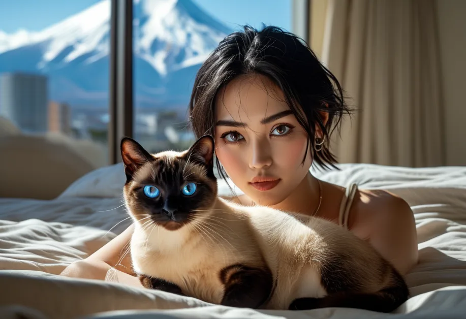 แมววิเชียรมาศนั่งเฝ้าดูทิวทัศน์ที่สวยงามของภูเขาไฟฟูจิ – ความสมบูรณ์แบบของธรรมชาติและความงดงามของแมวพันธุ์นี้