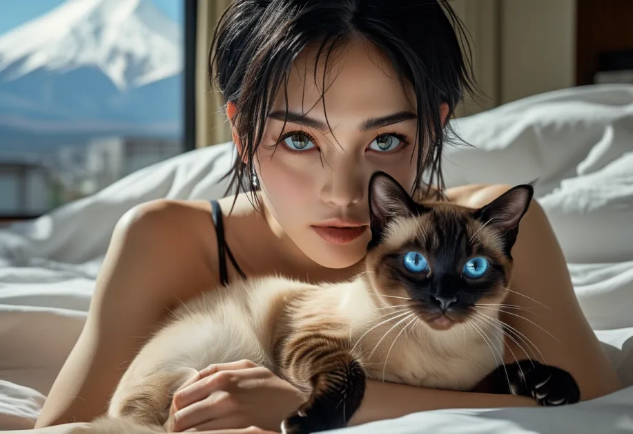 แมววิเชียรมาศตัวน้อยกับวิวภูเขาไฟฟูจิในช่วงกลางวัน – บรรยากาศที่สดใสและการผจญภัยของแมวที่เต็มไปด้วยชีวิตชีวา