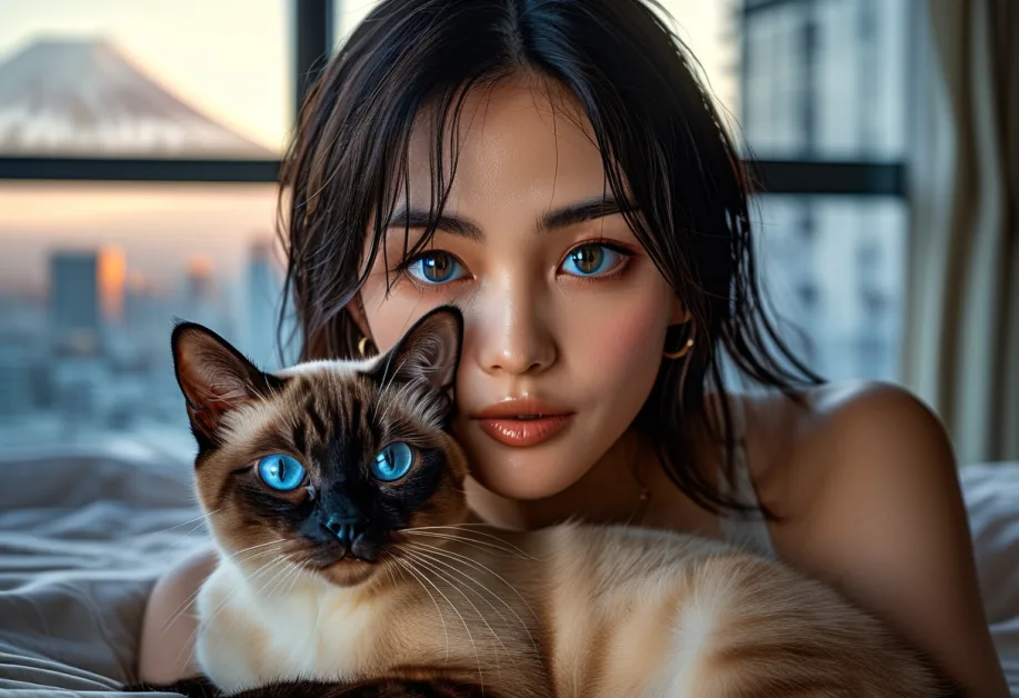 แมววิเชียรมาศและภูเขาไฟฟูจิในภาพสะท้อนของน้ำ – ความสวยงามที่ประสานกันระหว่างแมววิเชียรมาศและวิวธรรมชาติ