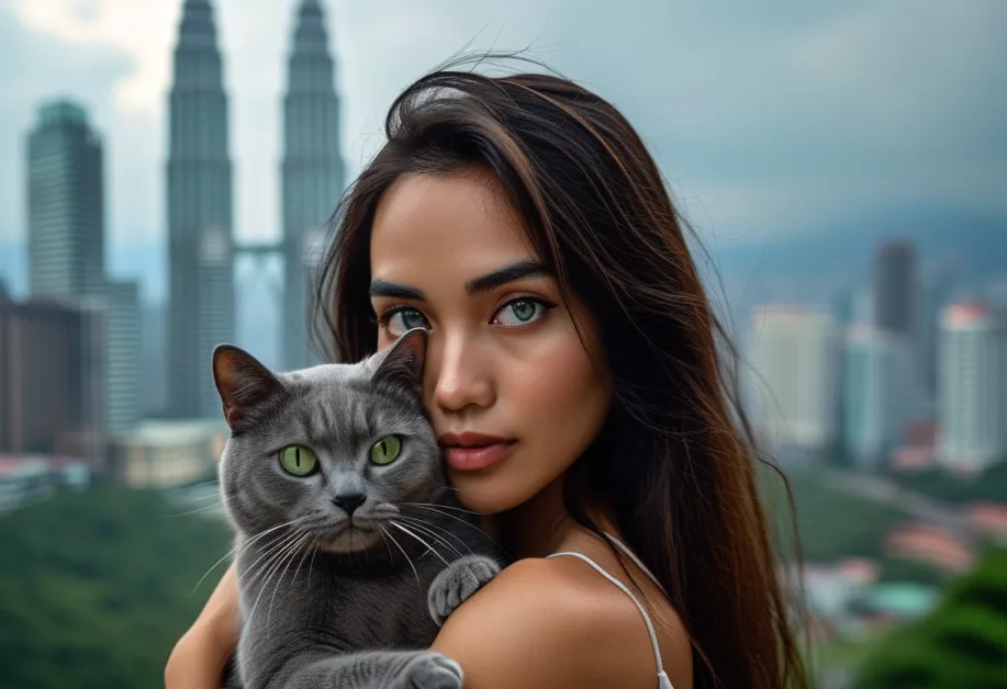 ภาพใกล้ของแมวโคราชกับเบื้องหลังเป็นตึกแฝดเปโตรนาสในกัวลาลัมเปอร์ การสัมผัสถึงความสงบสุขและเสน่ห์ของแมวพันธุ์นี้