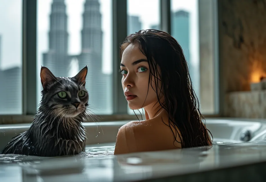 มุมใกล้ของแมวโคราชกับวิวของตึกเปโตรนาสที่สวยงาม การผสมผสานที่ลงตัวระหว่างสัตว์เลี้ยงกับตึกสูง