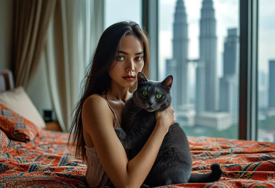 แมวโคราชบนพื้นหญ้าสีเขียวใกล้ตึกแฝดเปโตรนาส สายตาที่สงบนิ่งและอ่อนโยนเป็นเอกลักษณ์