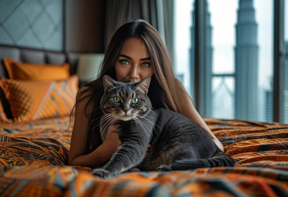 แมวโคราชนั่งพักผ่อนมองวิวเมืองกัวลาลัมเปอร์จากตึกแฝดเปโตรนาส ท่ามกลางแสงอาทิตย์อ่อนๆ