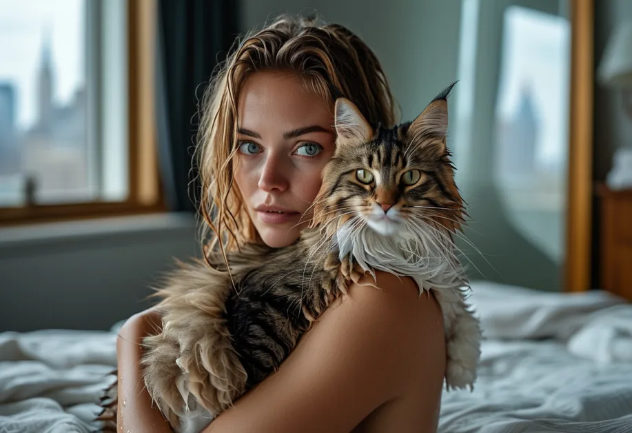 Norwegian Forest Cat Posing in Front of Iconic Statue of Liberty - Adventure Spirit: แมวนอร์วีเจียนฟอเรสต์ที่ยืนอยู่ด้านหน้าของเทพีเสรีภาพ แสดงถึงความชอบสำรวจและความเป็นมิตร เหมาะกับครอบครัวที่มองหาเพื่อนรักสัตว์ที่ใหญ่โตและเป็นมิตร