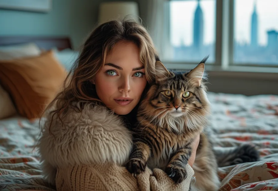 Norwegian Forest Cat with Statue of Liberty in Background - Elegant and Majestic Feline: ภาพแมวนอร์วีเจียนฟอเรสต์ที่ยืนอย่างสง่างามกับฉากหลังเป็นเทพีเสรีภาพ แสดงถึงความโดดเด่นและขนาดใหญ่ของแมวสายพันธุ์นี้ในบรรยากาศที่มีเสน่ห์