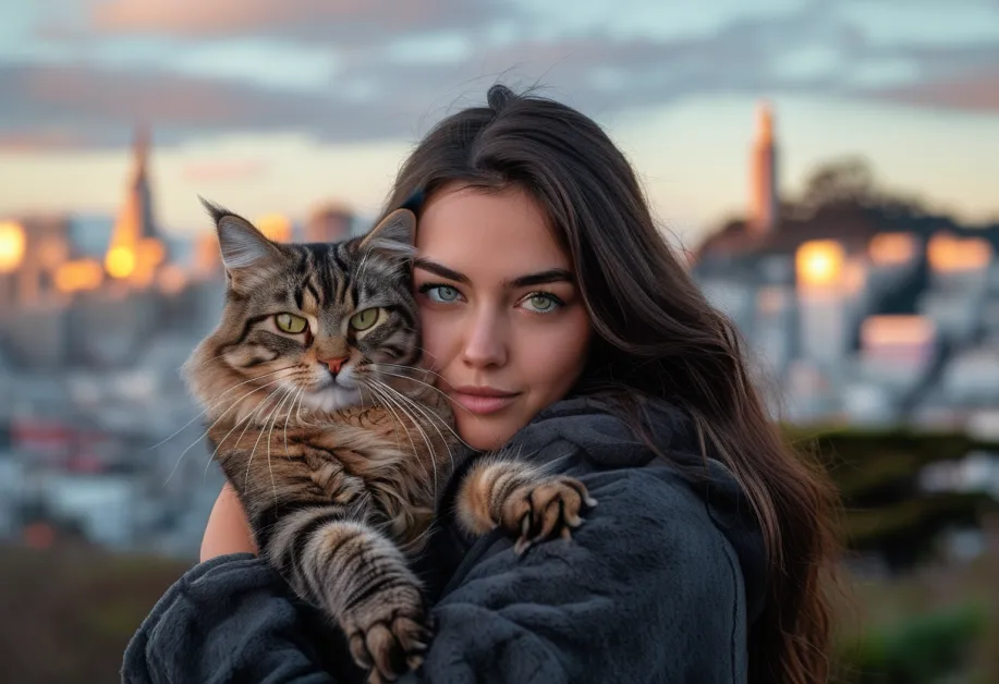 แมวไซบีเรียนตัวใหญ่และขนฟู กำลังสำรวจมุมต่าง ๆ ของทรานส์อเมริกา ไพรมิด ดวงตาสีเข้มและความสงบสุขที่เป็นเอกลักษณ์ของสายพันธุ์นี้