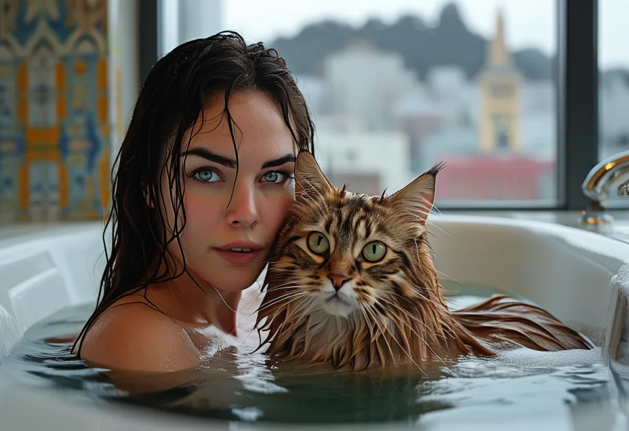 แมวไซบีเรียนขนฟูที่ทรานส์อเมริกา ไพรมิด กับดวงตาสีอำพันสดใส ขนที่หนานุ่มและบุคลิกภาพที่มีชีวิตชีวาทำให้ดูน่าทะนุถนอม