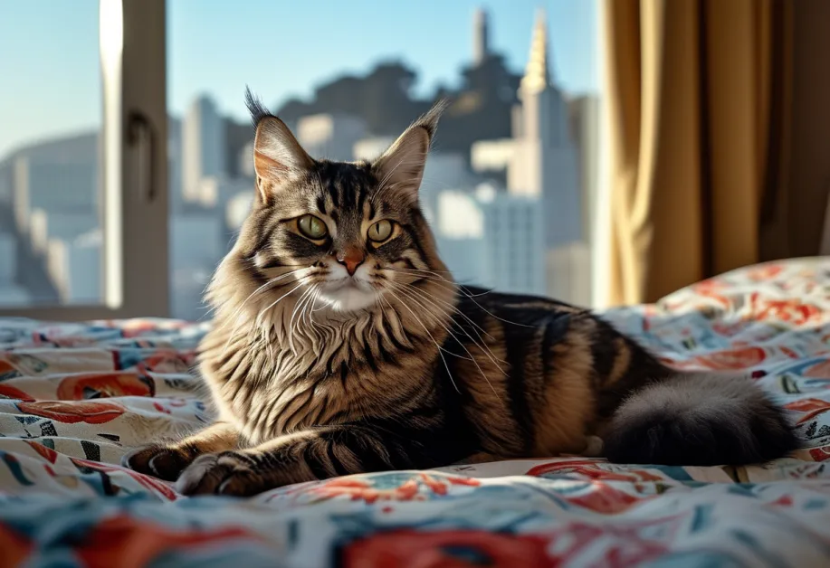 แมวไซบีเรียนขี้เล่นนั่งอยู่บนโซฟาสีเบจในทรานส์อเมริกา ไพรมิด แสดงถึงการปรับตัวได้ดีในสภาพแวดล้อมที่หลากหลาย