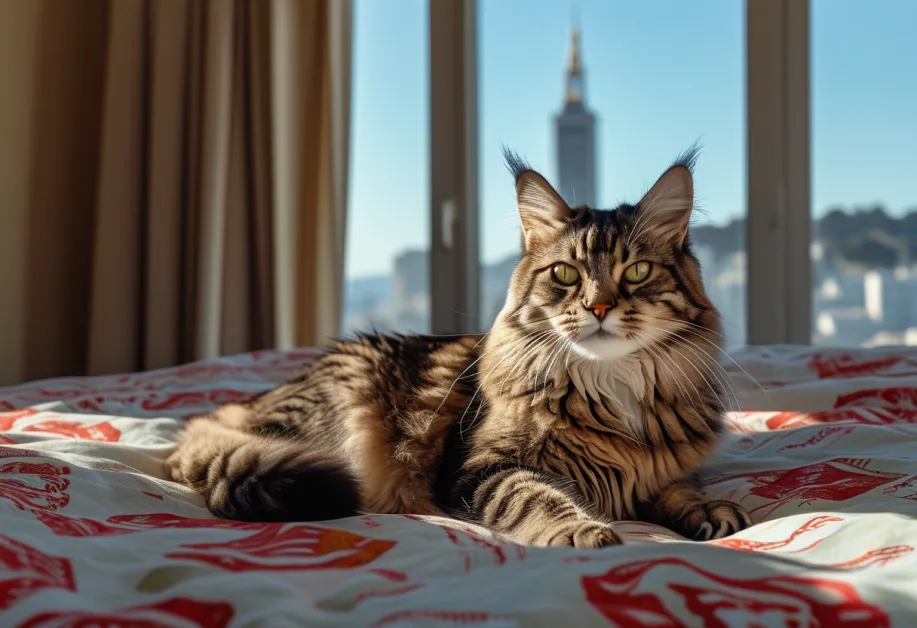 แมวไซบีเรียนกำลังมองนอกหน้าต่างในทรานส์อเมริกา ไพรมิด สะท้อนความอยากรู้อยากเห็นและนิสัยขี้เล่นของสายพันธุ์นี้ได้อย่างสมบูรณ์แบบ