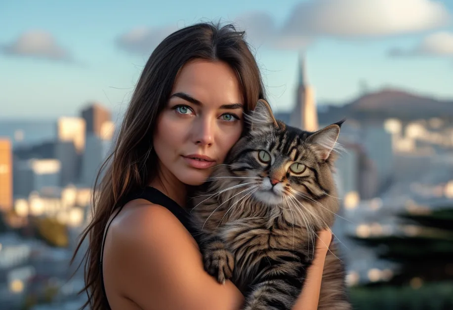 แมวไซบีเรียนตัวสวยนั่งอยู่ในอาคารทรานส์อเมริกา ไพรมิด แมวที่น่ารักพร้อมขนหนาและดวงตาสีเขียวสดใส จับคู่กับบรรยากาศที่ดูหรูหรา