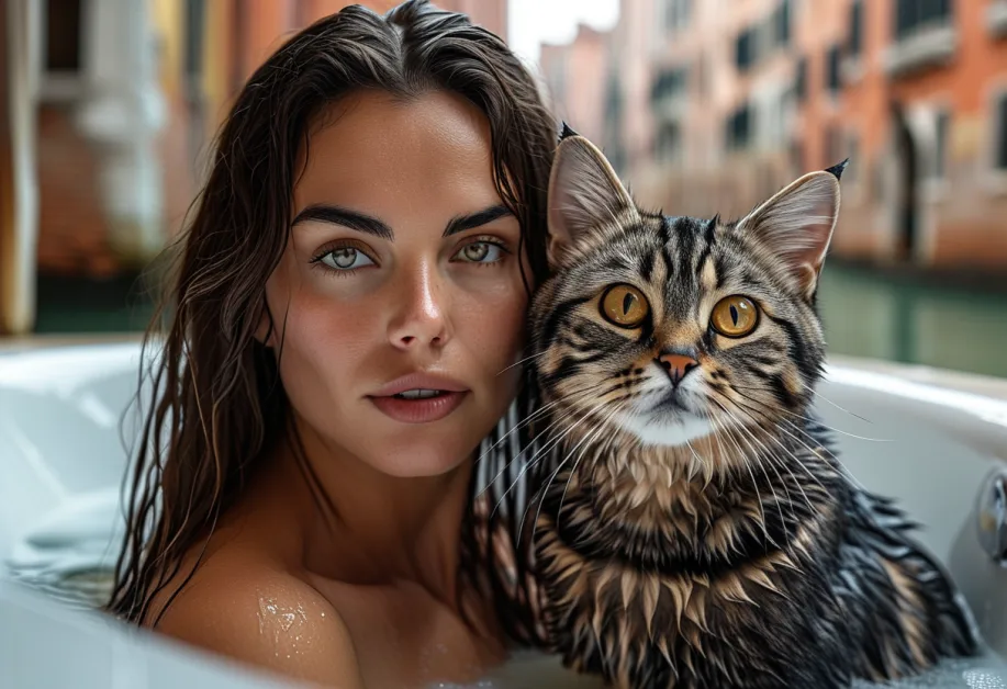 แมวอเมริกันชอร์ตแฮร์นั่งเฝ้าคูคลองในเวนิส - แมวอเมริกันชอร์ตแฮร์ท่าทางเฝ้าคอยด้วยความสงบ ดึงดูดสายตาด้วยลวดลายขนที่โดดเด่นและบรรยากาศรอบคูคลอง