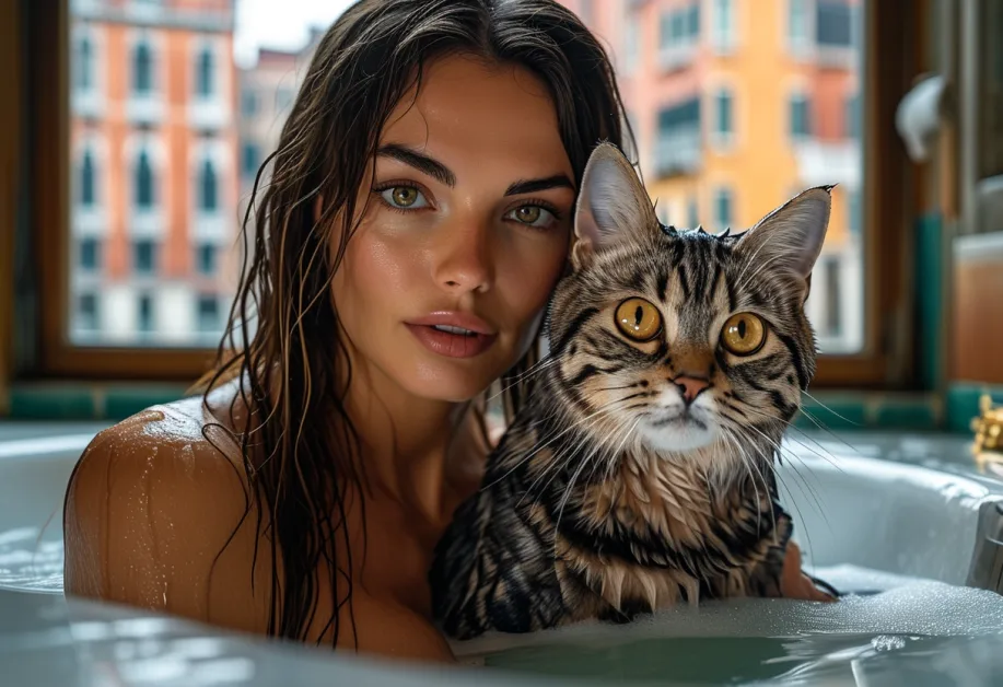 ภาพแมวอเมริกันชอร์ตแฮร์กับลวดลายขนสวยงาม - แมวอเมริกันชอร์ตแฮร์สีเทาเงินลายเสือ นั่งสบายริมคลองเมืองเวนิส เพิ่มเสน่ห์ให้กับการท่องเที่ยวของคุณ