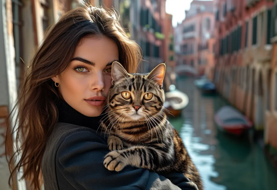 ภาพแมวอเมริกันชอร์ตแฮร์นั่งริมคูคลองในเวนิส - แมวอเมริกันชอร์ตแฮร์กับฉากหลังของคูคลองเวนิส ขนสีสวยงามและท่าทางสง่างาม เหมาะเป็นเพื่อนเดินทางคู่ใจในเมืองสวยงามนี้