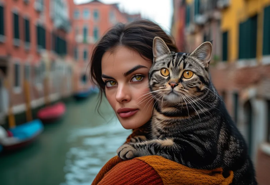 แมวอเมริกันชอร์ตแฮร์นั่งท่ามกลางบรรยากาศเวนิส - แมวพันธุ์อเมริกันชอร์ตแฮร์ขนสั้น ขนลายเสือบนถนนในเวนิส สื่อถึงความสงบและเป็นมิตรของแมว