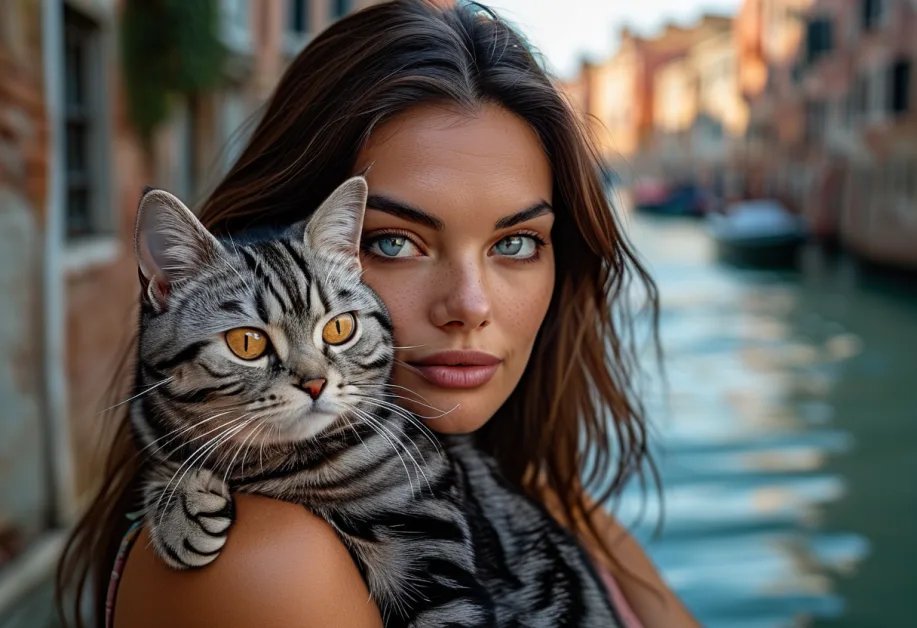 แมวอเมริกันชอร์ตแฮร์กับท่าทางเฝ้าคลองเวนิส - แมวอเมริกันชอร์ตแฮร์ท่าทางสง่างาม ขนสวยลายชัดเจนริมคลองเวนิส เหมาะสำหรับภาพประกอบที่ต้องการความอ่อนโยน