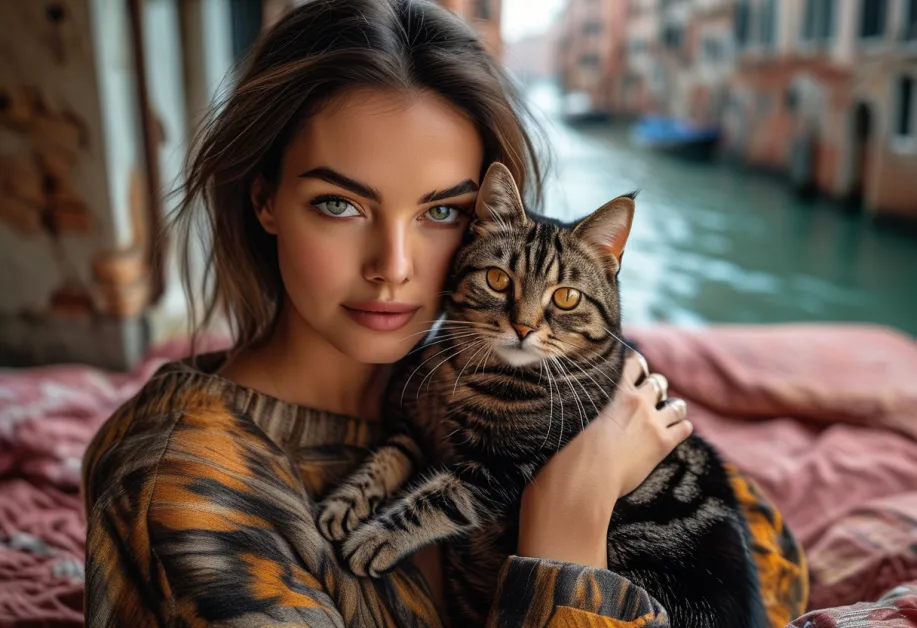 แมวอเมริกันชอร์ตแฮร์สีเงินใกล้คลองเวนิส - แมวพันธุ์อเมริกันชอร์ตแฮร์ขนสีเงินนั่งสงบนิ่งริมคลองเวนิส ทำให้ภาพดูสวยงามและน่ารัก