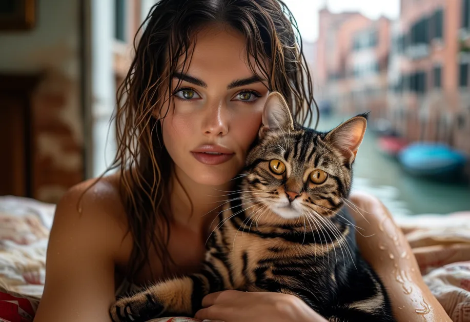แมวอเมริกันชอร์ตแฮร์ชมวิวคลองในเวนิส - แมวขนสั้นสีสวย มองวิวคลองในเวนิสอย่างสงบ เหมาะสำหรับผู้รักแมวและบรรยากาศโรแมนติก