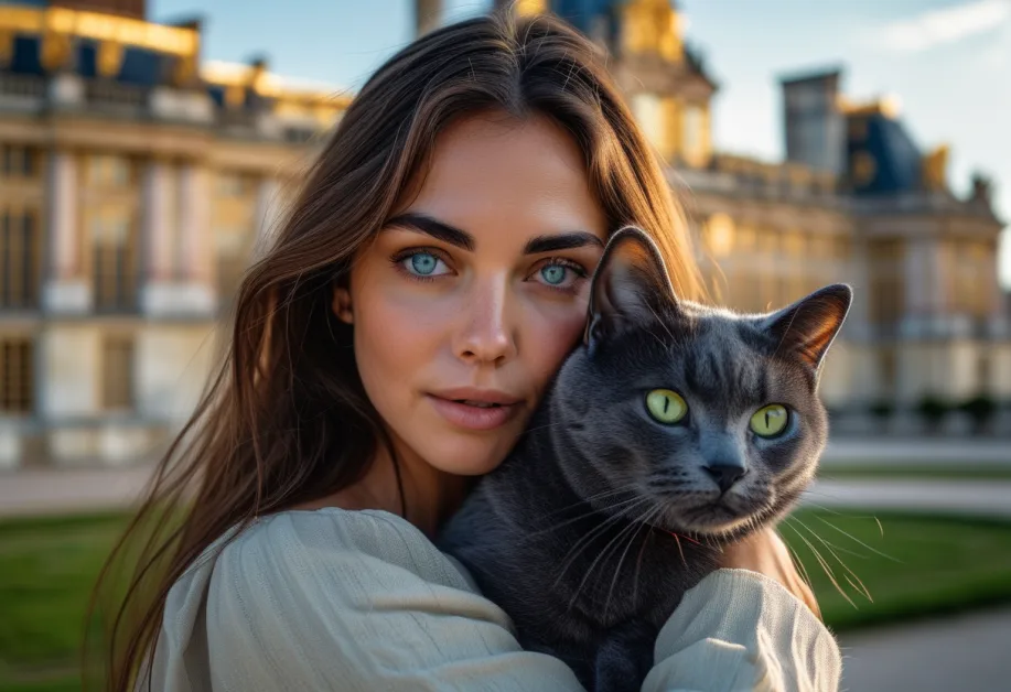 แมวโคราชในภาพมุมกว้างที่พระราชวังแวร์ซายส์ สะท้อนถึงความเป็นไทยด้วยขนสีเงินและตาสีเขียวอันเป็นเอกลักษณ์
