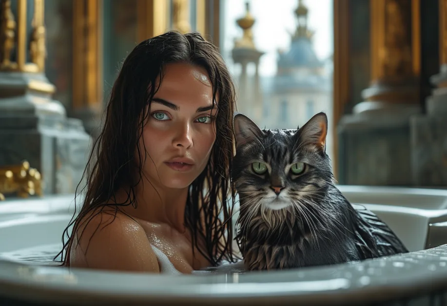 แมวโคราชกับบรรยากาศหรูหราของพระราชวังแวร์ซายส์ ส่องประกายด้วยขนสีเงินเมื่ออยู่ท่ามกลางเสาอันเป็นเอกลักษณ์