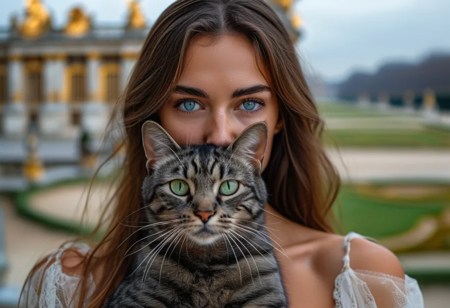 แมวโคราชในมุมมองสง่างามที่พระราชวังแวร์ซายส์ รายล้อมด้วยสวนดอกไม้สวยงามตัดกับขนสีเงินของแมวที่โดดเด่น